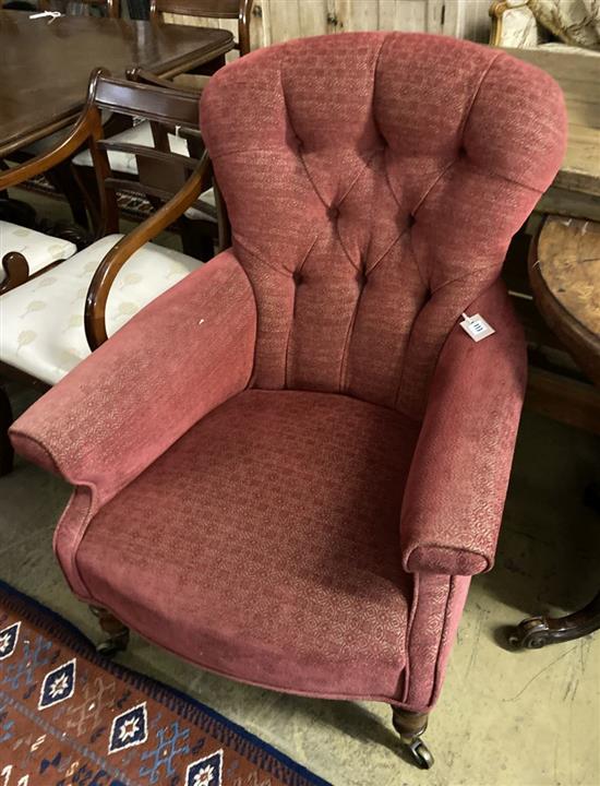 A Victorian red dralon upholstered buttoned back nursing chair, width 74cm, depth 80cm, height 94cm